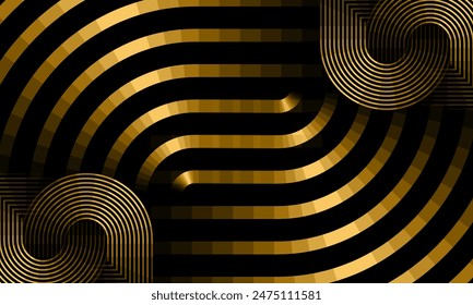 Abstract gold background with glowing diagonal rounded lines on dark. Modern gradient curve geometric shape design element. Futuristic concept. Vector illustration. Minimal geometric lines
