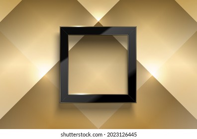 Abstract gold background. Golden volume geometric backdrop. Black square frame header. Luxury trendy design for holiday Christmas, New Year party poster or package label