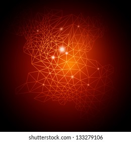 Abstract gold background with gold net and flashes. Vector glowing background.