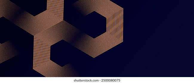 Abstract gold background with shining geometric lines. Modern shiny blue hexagon lines pattern. Technological futuristic concept. Suitable for poster, banner, brochure, cover, flyer