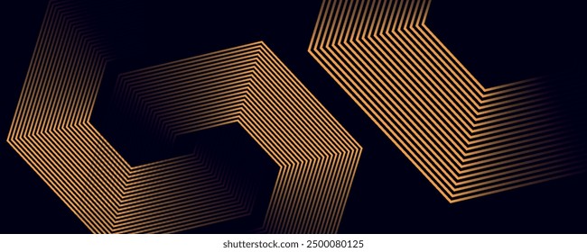 Fondo de oro Abstractas con líneas geométricas brillantes. Modelo azul brillante moderno de las líneas del hexágono. Concepto futurista tecnológico. Conveniente para el cartel, Anuncio, folleto, cubierta, volante