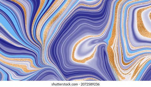 Abstract gold background, white marble with blue and lilac stripes for wallpaper design. Vector abstract blue veined shiny pattern. Elegant design. Vector cover. Luxurious marble texture.