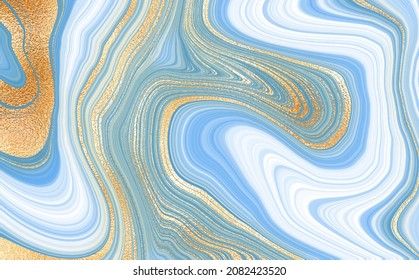 Abstract gold background, white marble with blue and lilac stripes for wallpaper design. Vector abstract blue veined shiny pattern. Elegant design. Vector cover. Luxurious marble texture.
