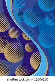 Abstract gold balls and blue waves background