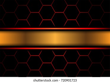 Abstract gold banner on black hexagon red line pattern design modern luxury futuristic background vector illustration.