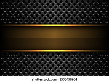 Abstract gold banner on dark grey circle mesh metallic design modern luxury futuristic background vector illustration.