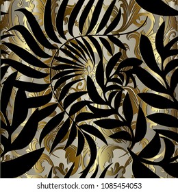 Abstract gold baroque vector seamless pattern. Patterned ornamental antique background with gold vintage flowers, black leaves silhouettes. Ornate decorative design. Elegant foliage ornaments. 