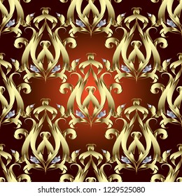Abstract gold Baroque vector seamless pattern. Antique Victorian style vintage floral background. Repeat ornamental backdrop. gold 3d flowers, leaves. Damask ornament. Luxury decorative ornate design