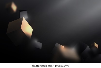 Abstract gold and black 3d cube chaotic background.  Luxury Gold and black geometric floating with Futuristic technology digital hi tech concept. Vector illustration