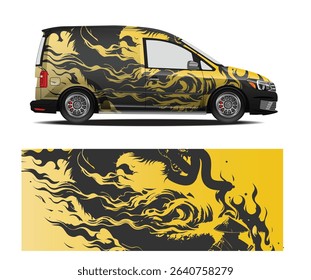 Abstract gold and black flame design van wrap, perfect for a unique and stylish vehicle. High-resolution vector illustration.