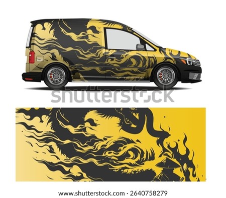Abstract gold and black flame design van wrap, perfect for a unique and stylish vehicle. High-resolution vector illustration.