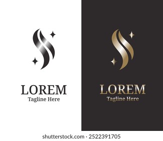 Abstraktes Gold und schwarzes Haarlogo Buchstabe S einzeln auf weißem und schwarzem Hintergrund. Vorlagenelement für flaches Vektorlogo-Design