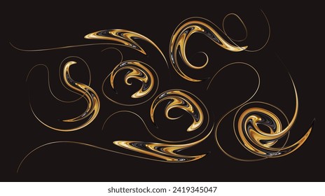 Resumen de las líneas de trazo de trazo de pincel de flujo líquido negro de oro. Onda giratoria de gradiente de lujo. Líquido de seda acrílico brillante. Elementos modernos de diseño de tendencia. Ilustración vectorial eps10.