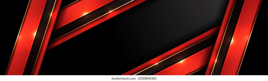 Abstrakte Gold-Schwarz-Rot-Polygon, glatte Linien auf dunklem Mesh-Hintergrund, modernes Technologie-Innovationskonzept, dynamische Geometrische Zusammensetzung, lange horizontale Designs 