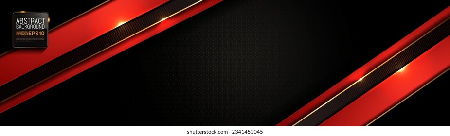 Abstract Gold Black and Red Polygon, Glow Lines on Dark Steel Mesh Background, Modern Technology Innovation Concept, Dynamic Geometric Composition, Long Horizontal Designs 