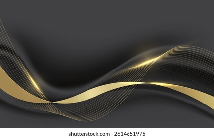 Abstract gold black ribbon curve overlap on grey luxury background vector illustration.