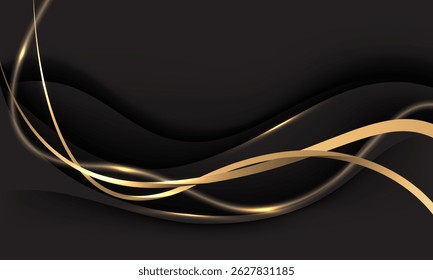 Abstract gold black ribbon curve overlap on grey luxury background vector illustration.