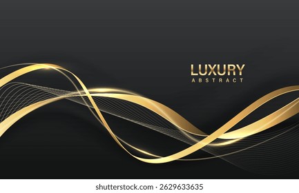 Abstract gold black ribbon curve overlap on black design modern luxury background vector illustration.