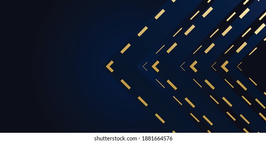 Abstract gold and blue background. Blue abstract luxury background with golden outlines. Tech geometric background with abstract golden arrow shapes. Vector banner design