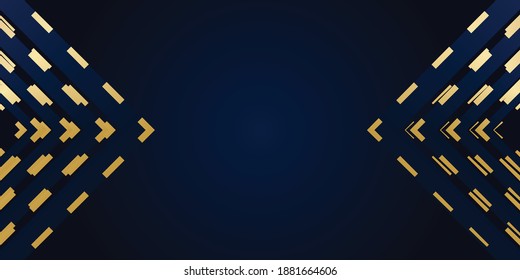 Abstract gold and blue background. Blue abstract luxury background with golden outlines. Tech geometric background with abstract golden arrow shapes. Vector banner design