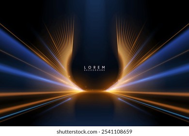 Fundo abstrato de raios de luz dourados e azuis