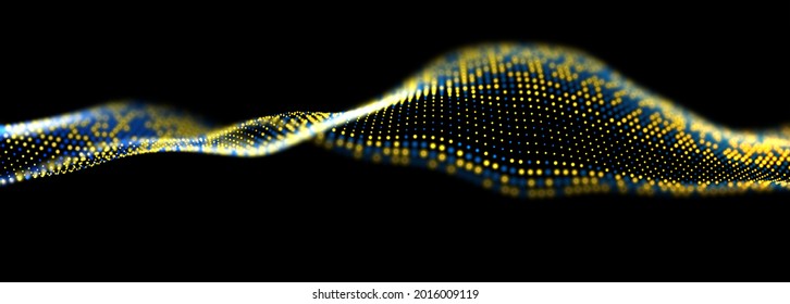 Abstract gold and blue particles background. Flow wave with dot landscape. Digital data structure. Future mesh or sound grid. Pattern point visualization. Technology vector illustration.