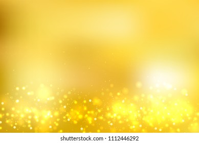 Abstract gold blurred background with bokeh and gold glitter footers. Copy space. Vector illustration