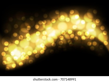 Abstract gold bokeh light curve on black background vector illustration.