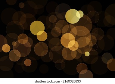 Abstract gold bokeh on black background. Transparent overlap circle shapes. Bokeh bubbles. Elegant golden geometric shapes texture. Suit for banner, poster, wallpaper, flyer. Vector illustration