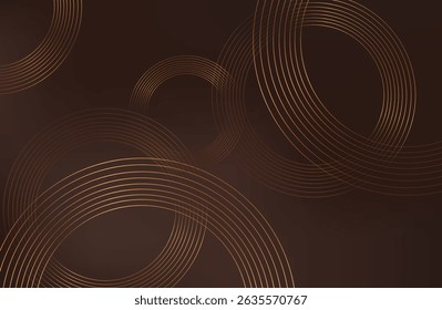 Abstract gold, brown glowing geometric lines on dark brown background. Modern shiny gold circle lines pattern. Futuristic technology concept. Suit for cover, poster, banner, brochure, header, website