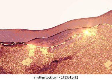 Abstract gold and burgundy marble texture with sparkles. Vector background in alcohol ink technique. Modern paint with glitter. Template for banner, poster design. Fluid art painting