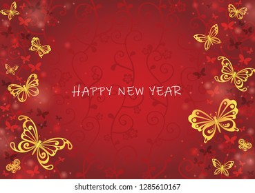 Abstract gold butterfly are flying on red background vector for decoration on Chinese new year festival, Chinese wedding card and Autumn festival.