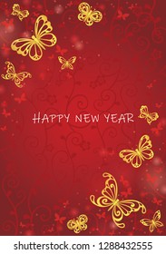 Abstract gold butterfly are flying on red background vector for decoration on Chinese new year festival, Chinese wedding card and Autumn festival.