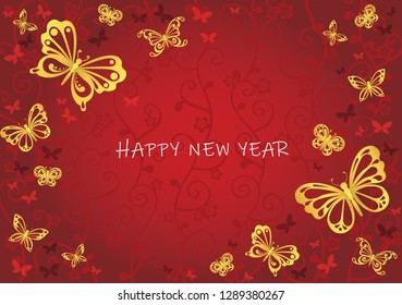 Abstract gold butterfly are flying on red background vector for decoration on Chinese new year festival, Chinese wedding card and Autumn festival.