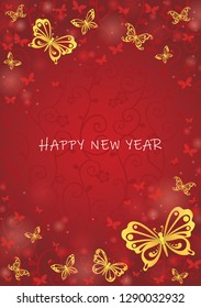 Abstract gold butterfly are flying on red background vector for decoration on Chinese new year festival, Chinese wedding card and Autumn festival.