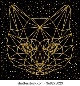 Abstract gold cat. Sparkle glitter textured cat portrait, one continuous line. Cat for card, banner, placard, book. Geometric gold cat portrait card design. Cat silhouette isolated on black cover.