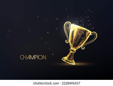 Abstract gold champion trophy in futuristic glowing low polygonal style isolated on black background. Championship, cup winner concept. Modern abstract connection design vector illustration.