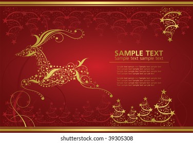 abstract gold christmas deer on red background