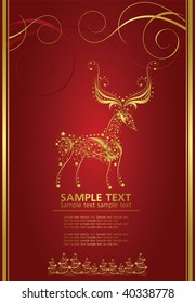 abstract gold christmas deer on red vertical background