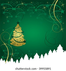 abstract gold christmas tree card on green background
