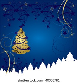 abstract gold christmas tree card on blue background