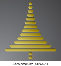 Abstract gold christmas tree consist of rectangles with rounded corners on dark grey gradient background. Embossed Christmas tree to metal background.