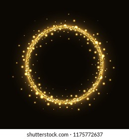 Abstract gold circle glittering shining frame on black background.