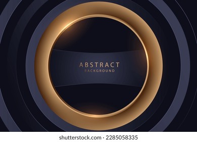 Abstract gold circle gradient lines on black background. Realistic 3d luxury modern concept. Bright shiny light black wallpaper. Vector illustration.
