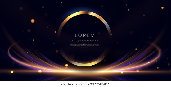 Abstract gold circle with light ray on dark blue background with lighting effect sparkle. Luxury template celebration award design. Vector