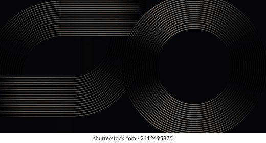 Abstrakte Goldkreislinien auf dunklem Hintergrund. Geometrisches Stripe Line Art Design. Moderne Luxus-Vorlage. Geeignet für Präsentation, Banner, Cover, Web, Flyer, Poster, Broschüre. Vektorgrafik-Schwarz