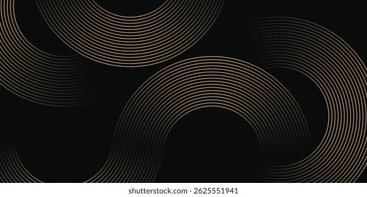 Abstract gold circle lines on dark background. Geometric stripe line art design. Modern luxury template. Suit for presentation, banner, cover, web, flyer, poster, brochure. Vector illustration