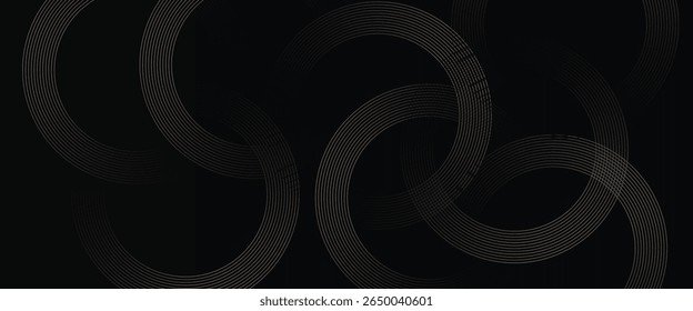 Abstrato linhas de círculo dourado no fundo escuro. Projeto de arte de linha de faixa geométrica. Modelo de luxo moderno. Terno para apresentação, banner, capa, web, folheto, cartaz. Ilustração vetorial