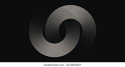 Abstrakte goldene Kreislinien auf dunklem Hintergrund. Geometrisches Streifenlinien-Kunstdesign. Moderne Luxusvorlage. Anzug für Präsentation, Banner, Abdeckung gut einfach