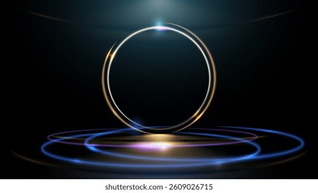 Abstract gold circle, soft neon glow light effect, smooth curve, sparkling line with glitter on light gradient background. Vector element design for luxury business template, banner background